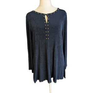 Chico's Travelers Tunic Shirt Womens M Blue Studded Slinky Old Money Sz 1 (8-10)
